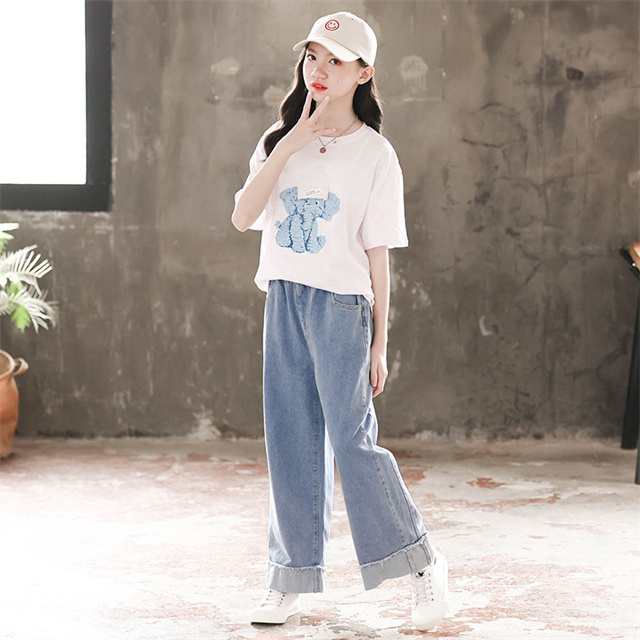 子供服 女の子 夏服 セットアップ 半袖Tシャツ+ デニムワイドレッグ